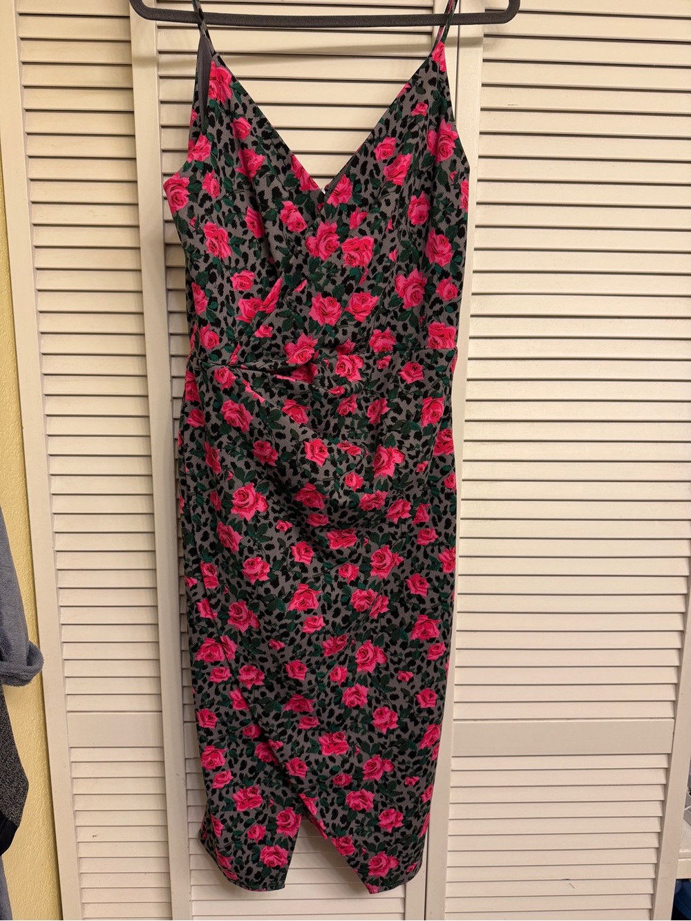 Betsey Johnson Black Slip Midi Dress with Hot Pink Rose Print Sz 12